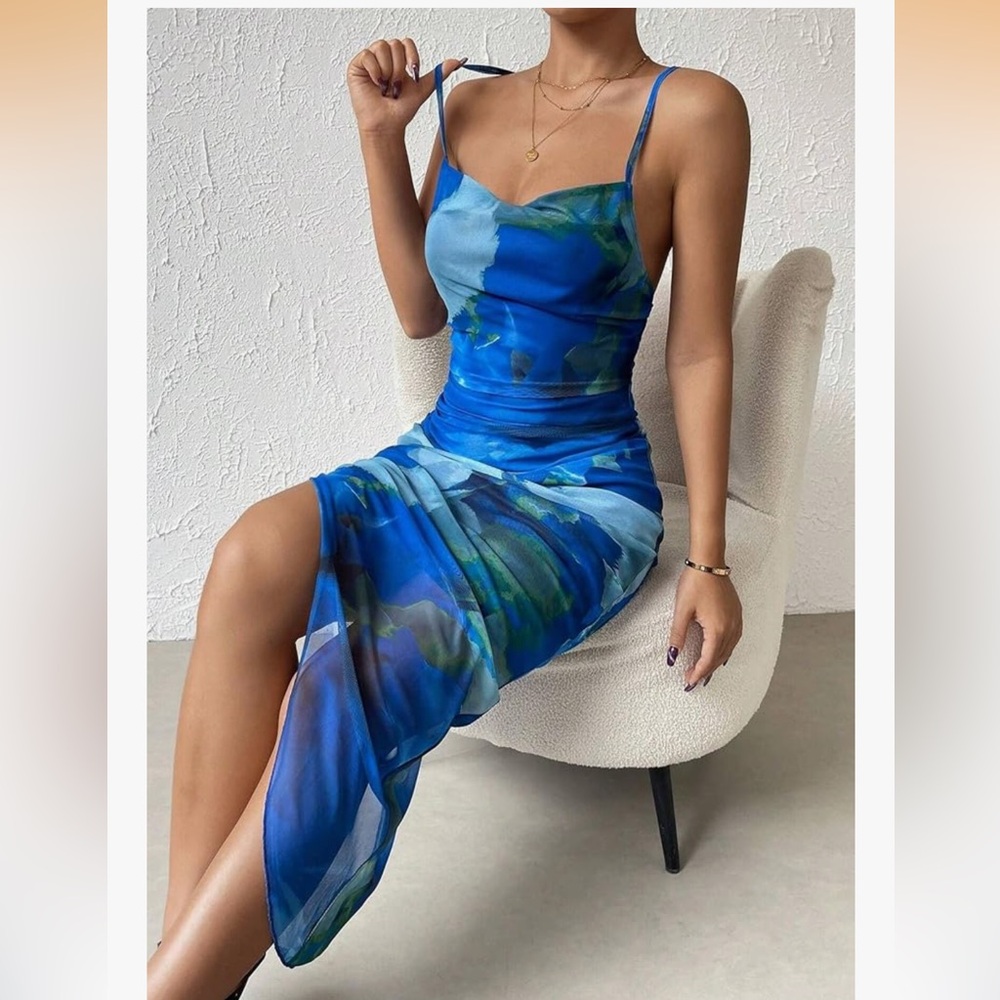💙Gorgeous Mesh Tie Dye Side Ruched Layered Dress